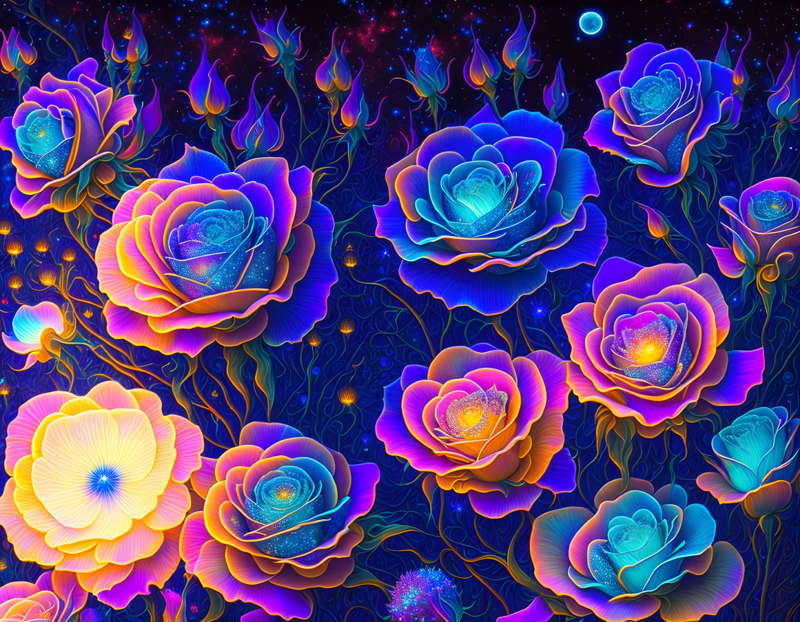 Colorful Neon Flowers in Mystical Cosmic Scene