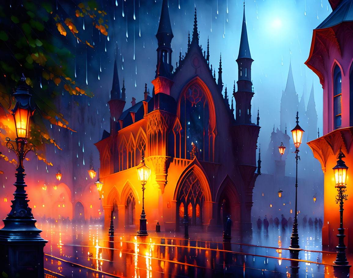 Gothic cathedral night scene with street lamps and blue moon