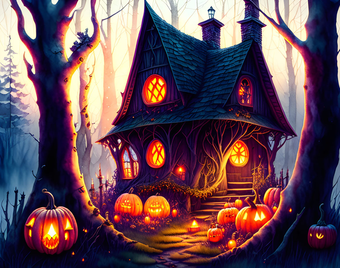 Spooky cottage illustration with glowing windows in twilight forest