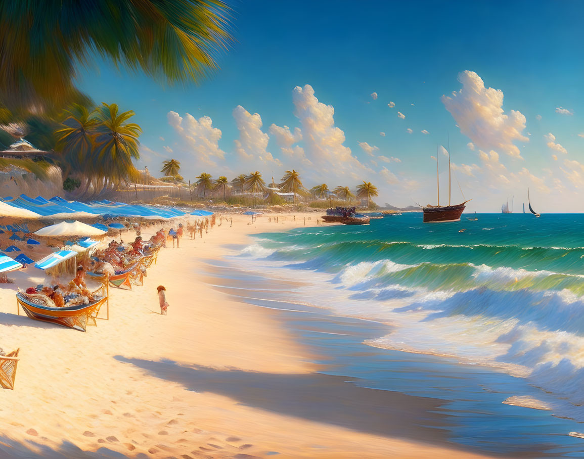 Tropical Beach Scene with Palm Trees, Sunbathers, and Boats