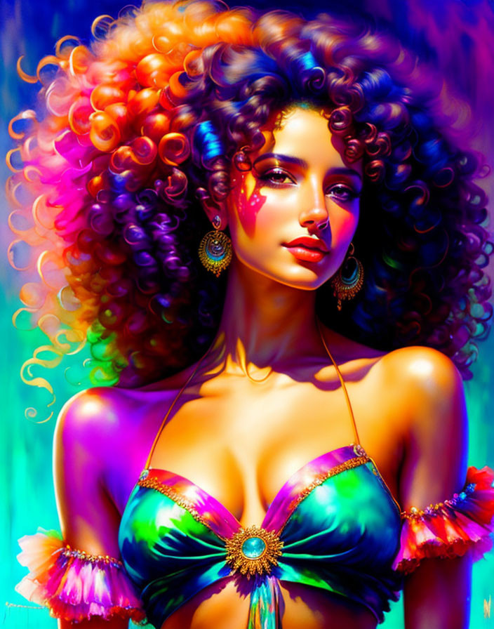 Colorful digital artwork: Woman with curly hair, vibrant makeup, jewel-toned costume