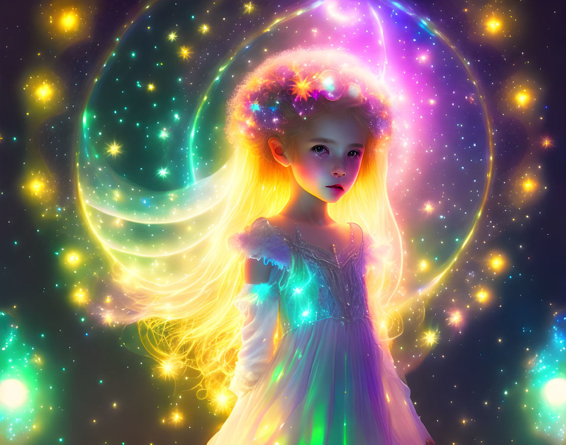 Young girl with glowing flowers in hair in cosmic swirl with bright stars