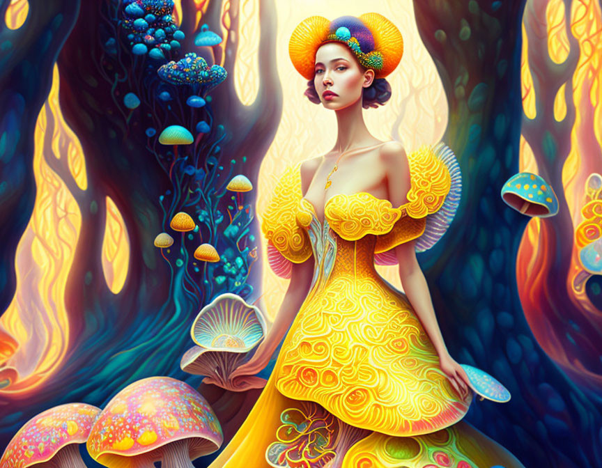 Vibrant surreal illustration of a woman in yellow dress with mushroom and floral motifs