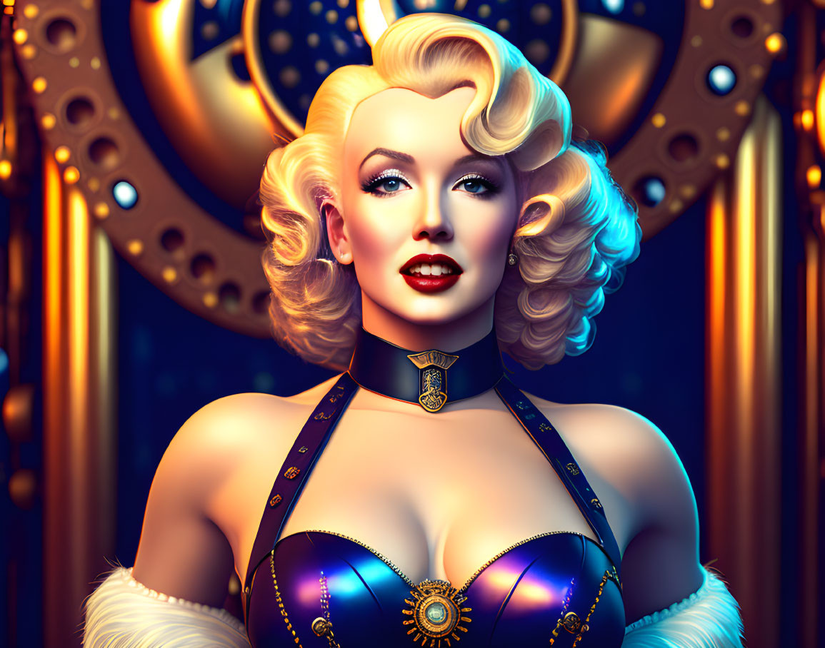 Blonde woman in blue corset on steampunk background