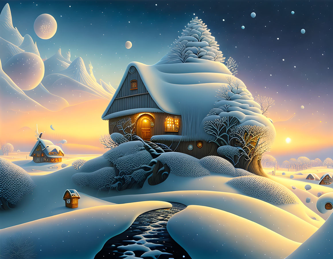 Winter Cottage Scene with Snow, Stars, and Moons