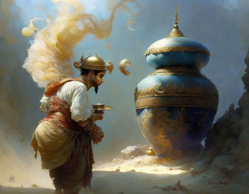 Traditional Middle Eastern attire figure near ornate magic lamp with mystical smoke