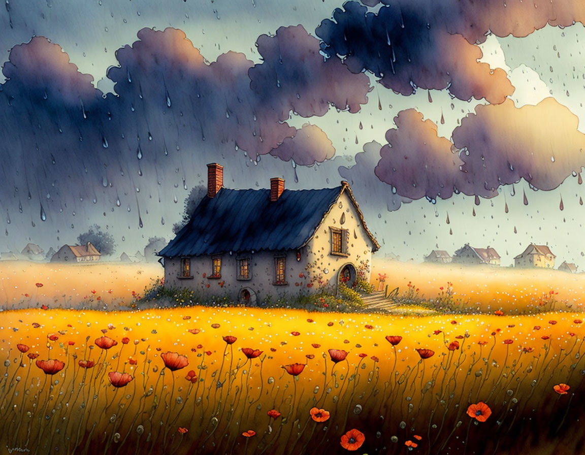 Thatched roof house in poppy field under stormy sky