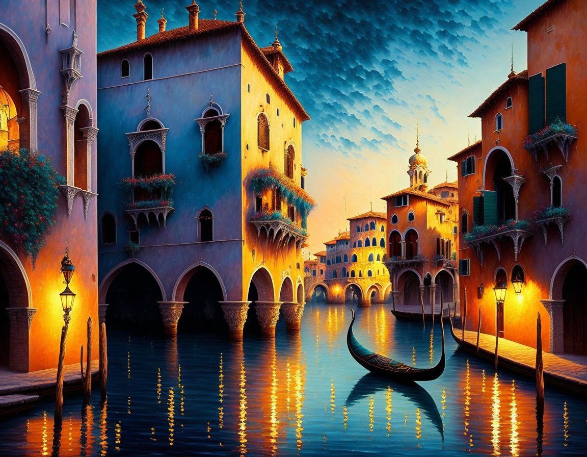 Venetian canal painting with gondola and old buildings at dusk