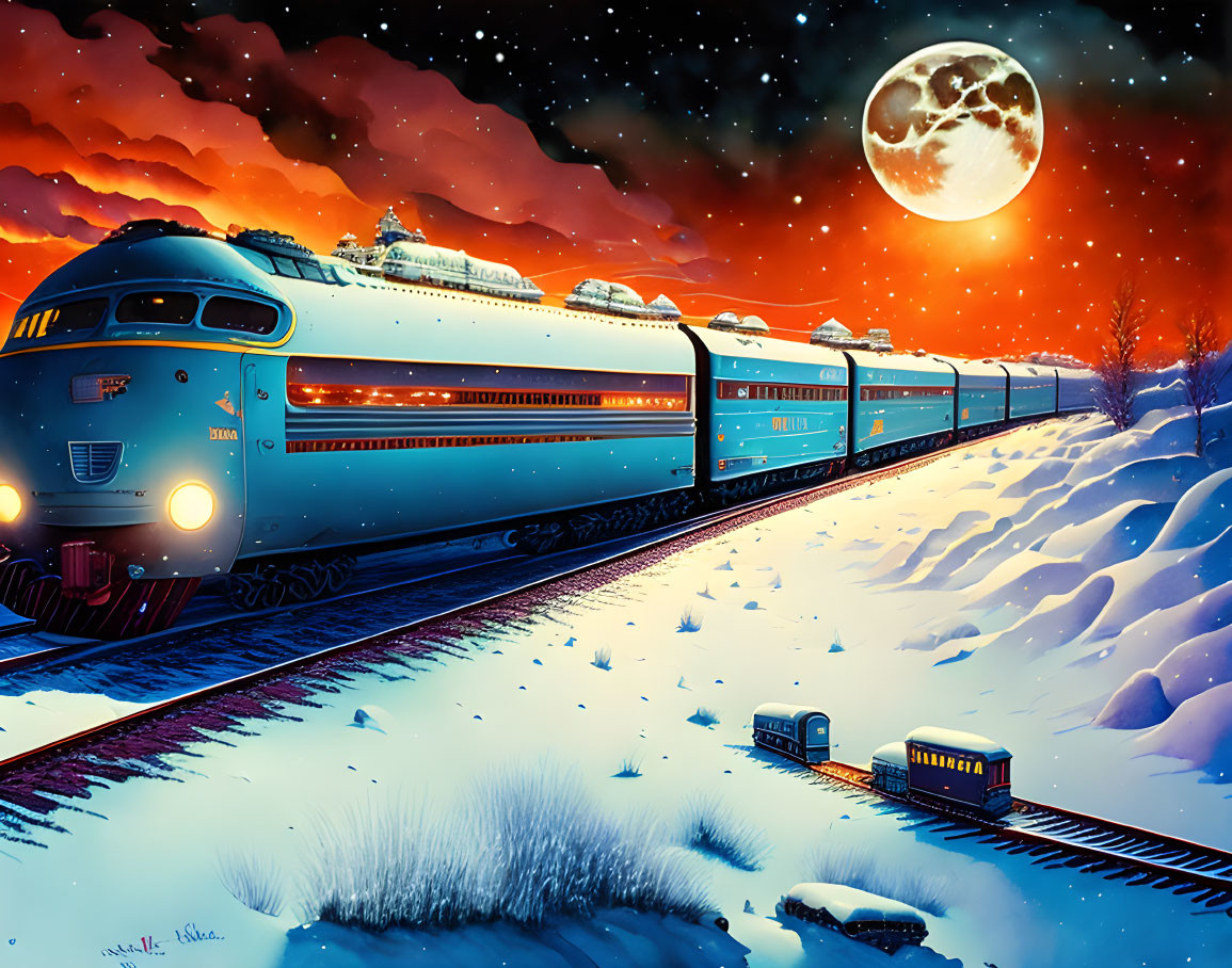 Vintage Train Night Snowy Landscape Moon Orange Clouds