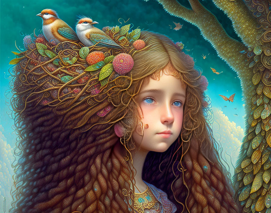 Detailed illustration of girl with elaborate berry and leaf hairstyle, birds, butterflies in vibrant backdrop