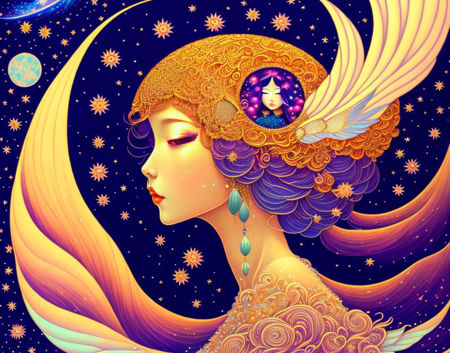 Illustrated female figure with celestial headdress on starry background