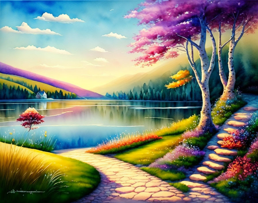 Colorful Landscape Painting: Stone Path, Lake, Trees, Mountain at Dusk