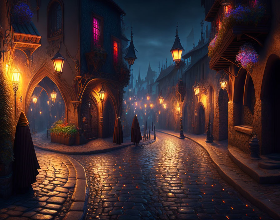 Medieval town cobblestone street at twilight with glowing lanterns, flowering balconies, and mysterious