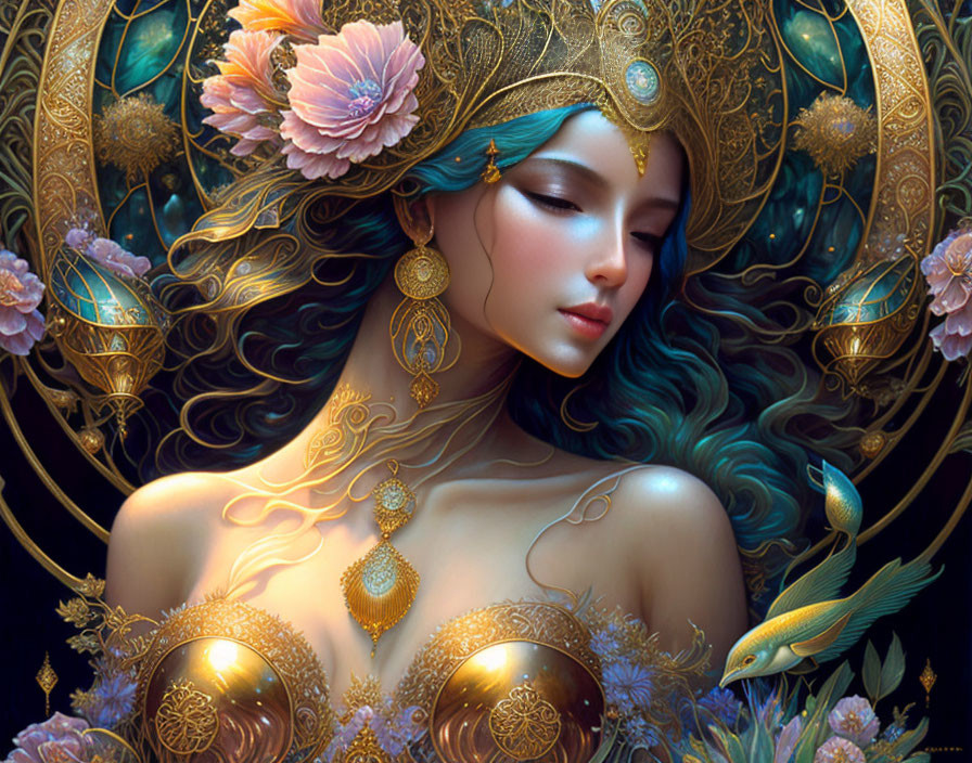 Ethereal woman with gold jewelry and floral headdress in fantasy setting