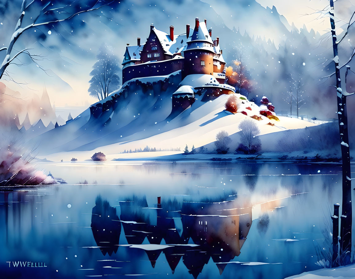 Snow-covered castle on hill by calm lake in winter