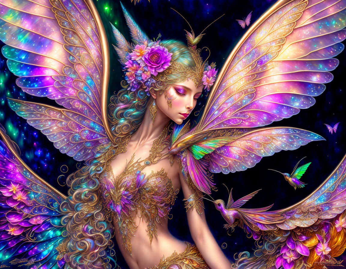 Fantasy illustration of female figure with iridescent butterfly wings and ornate floral details