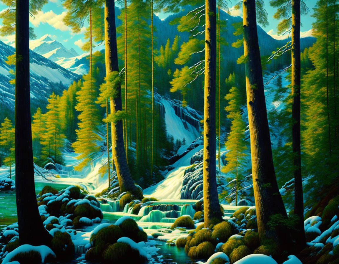 Tranquil forest with waterfall, river, mountains, and blue sky