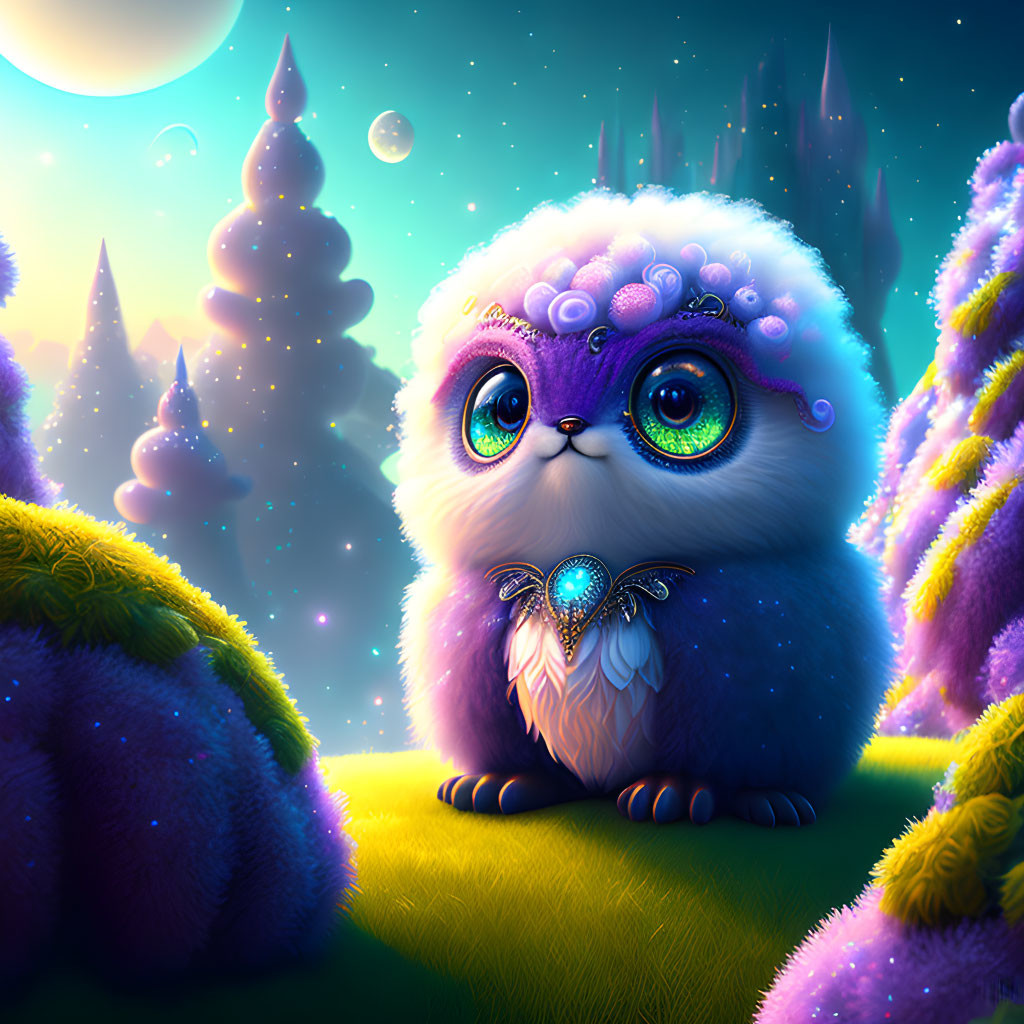 Colorful Illustration of Fluffy Owl-Like Creature in Whimsical Moonlit Landscape