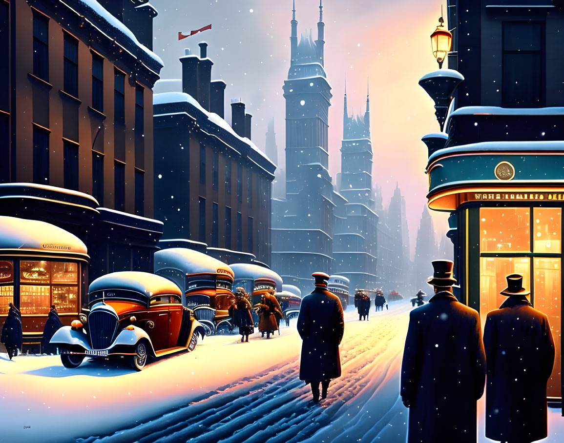 Vintage-style snowy evening illustration of city street with people and classic cars under glowing streetlight