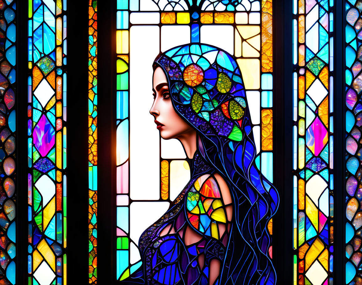 Illustration of woman with blue hair against stained-glass backdrop