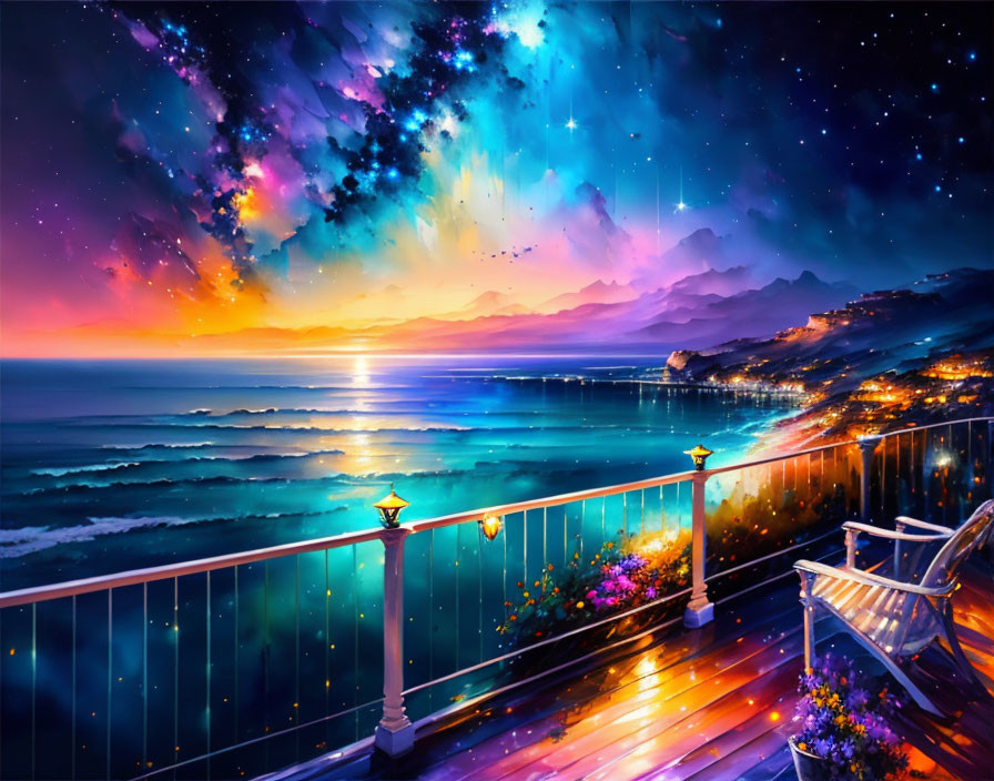 Colorful digital illustration: Seaside balcony view at sunset