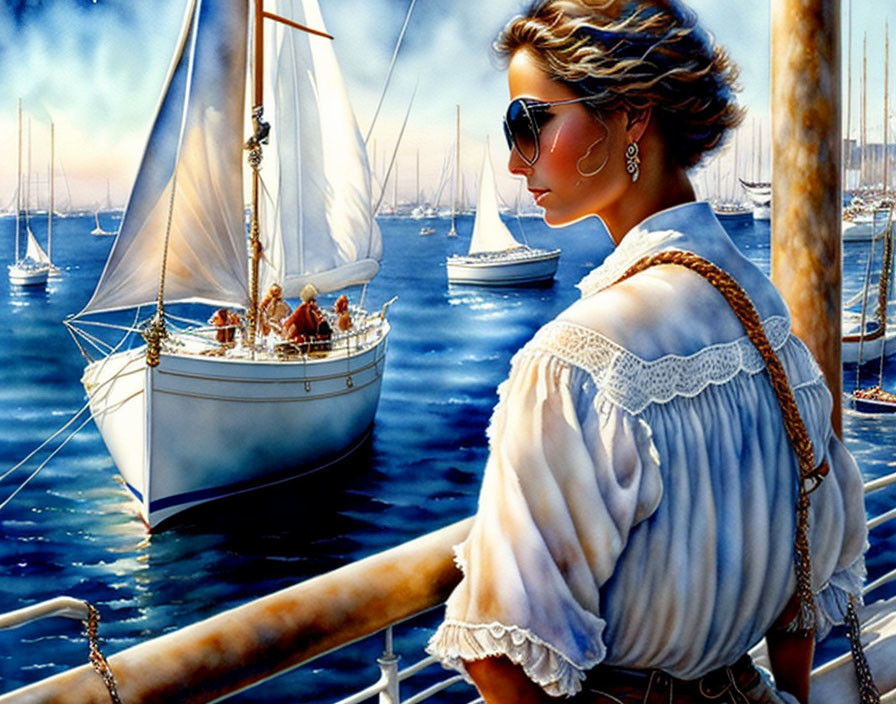 Elegant woman at marina admiring sailboats on tranquil waters