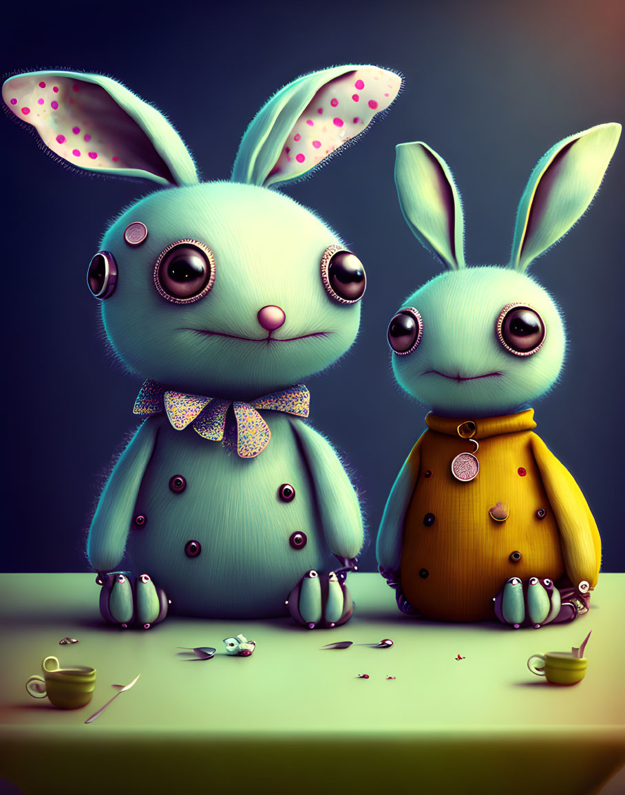 Stylized cartoonish bunnies in bow tie and yellow coat with teacups