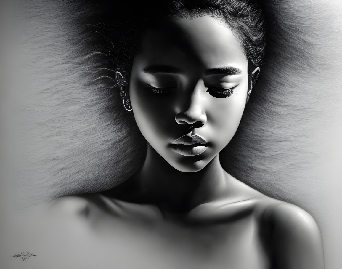 Detailed Monochrome Portrait of Contemplative Young Woman