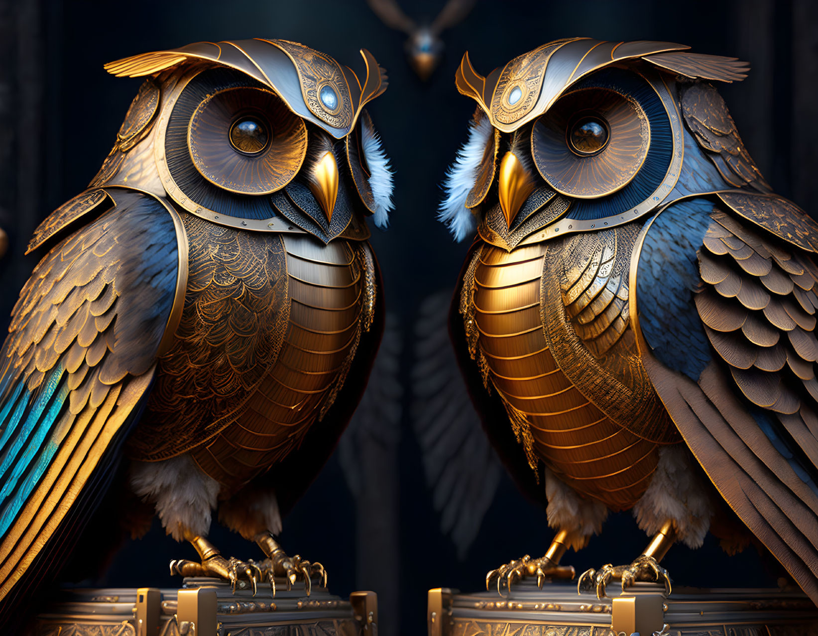 Ornate Mechanical Owls with Golden Finishes on Dark Background