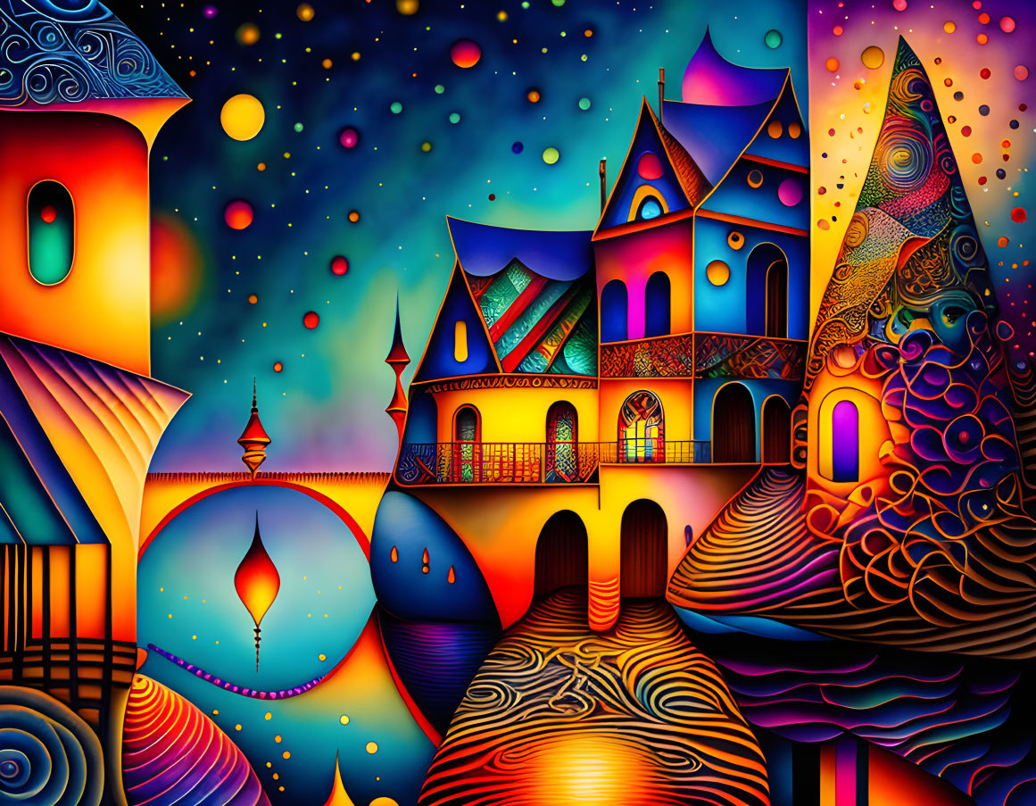 Colorful Abstract Illustration: Fantastical Architecture, Starry Skies, Whimsical Patterns