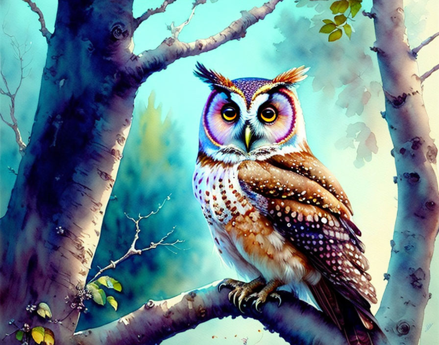 Colorful Stylized Owl Perched in Whimsical Forest Setting