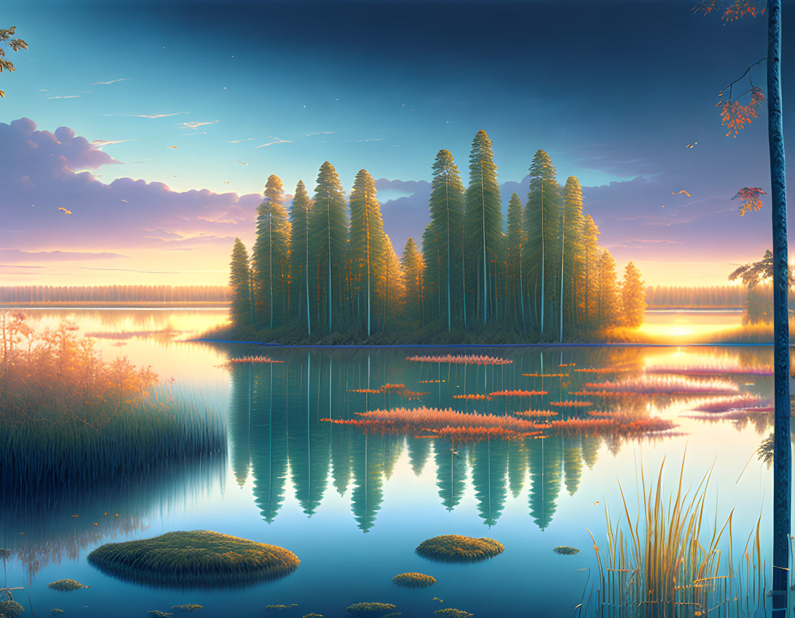 Tranquil pine-covered island reflected in lake at sunset