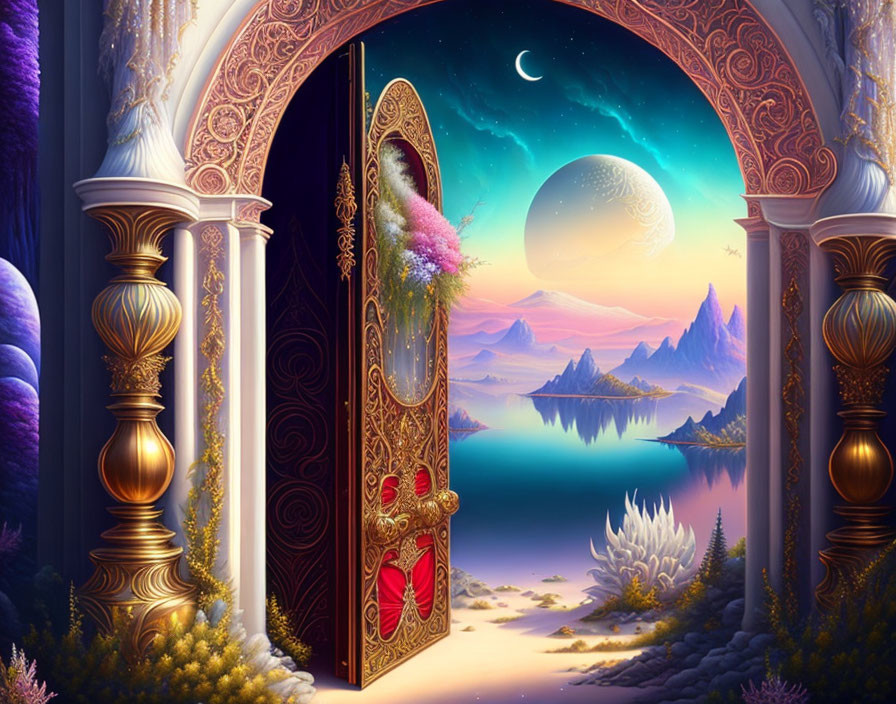 Ornate open door showcasing magical night landscape