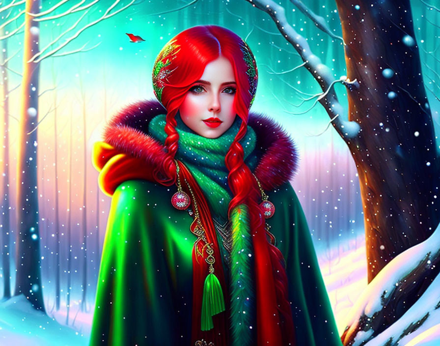 Digital artwork: Woman with red hair and green cloak in snowy forest with cardinal bird.