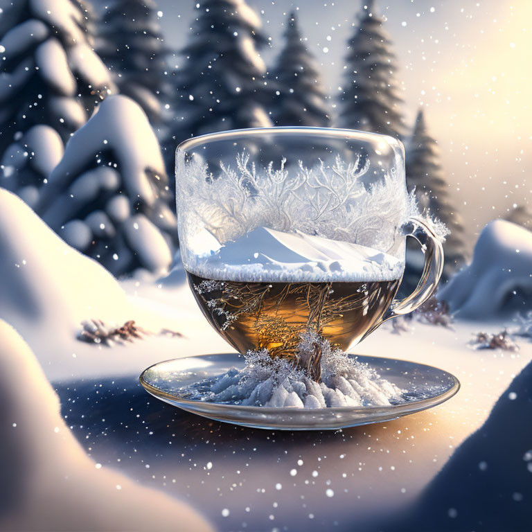 Transparent Cup of Tea with Winter Scene and Snowy Pines on Snowy Surface