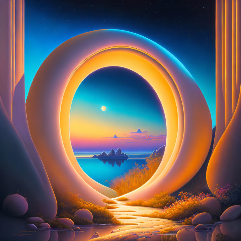 Circular gate opening to tranquil seascape with mountains under starry sky.