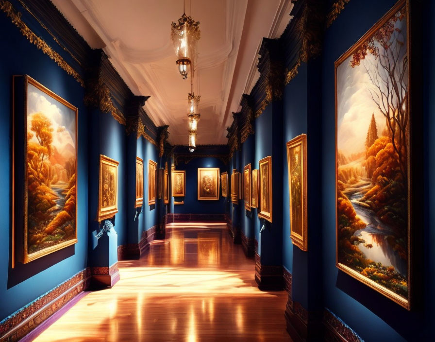 Sophisticated art gallery with blue walls, golden frames, landscape paintings, and warm wooden floor.