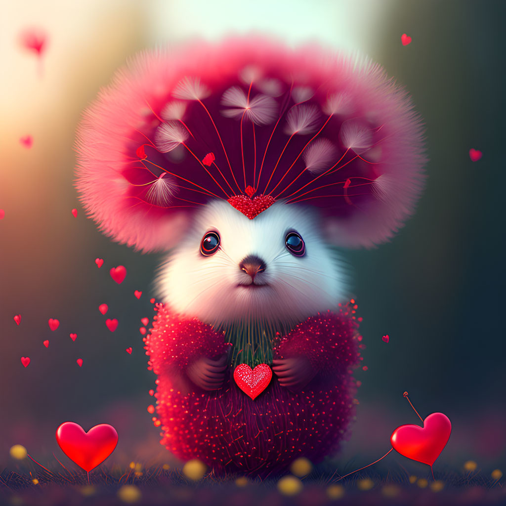 Illustration of creature with hedgehog-like body and mushroom cap, surrounded by hearts and balloons.