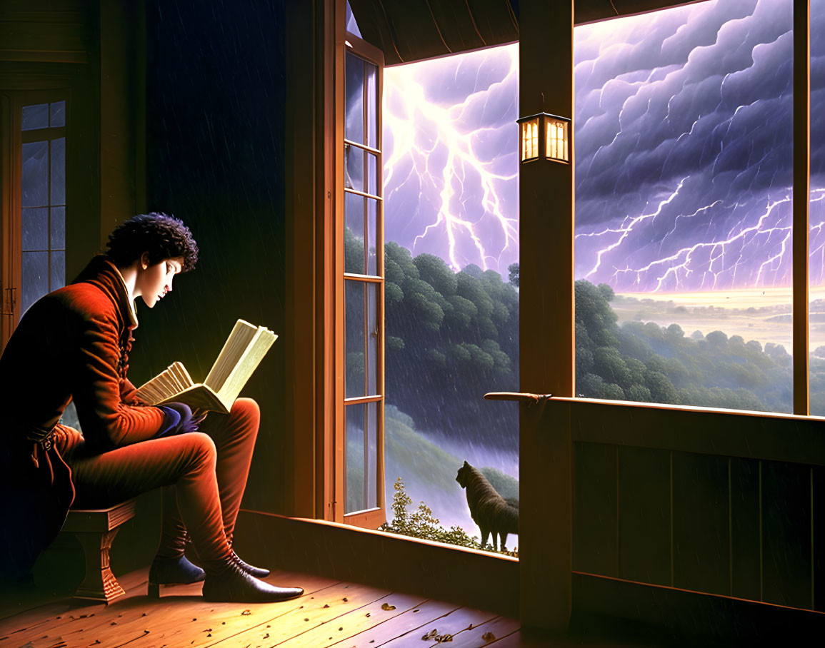 Person reading by open door during storm with cat watching