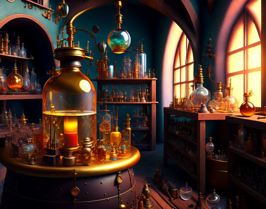 Detailed Alchemy Lab with Central Apparatus and Arched Windows