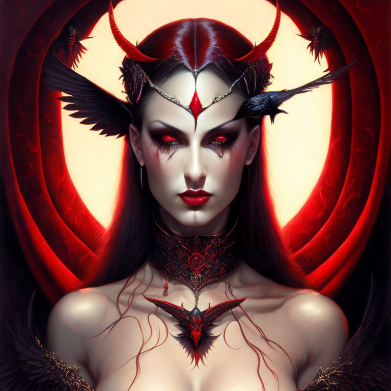 Dark Fantasy Artwork: Woman with Demonic Features, Dark Wings, Horns, Red & Black