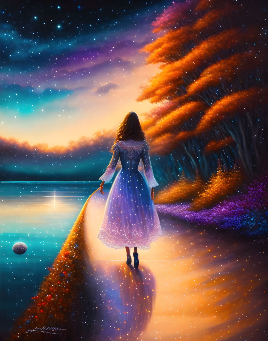 Glowing woman in dress by waterway under starry night sky