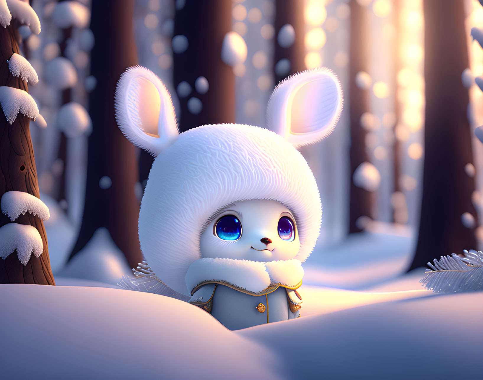 Animated Rabbit in Cozy Jacket in Snowy Forest with Sunlight