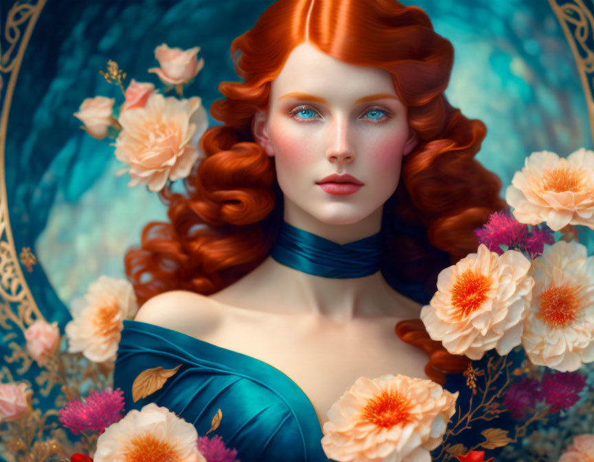 Illustrated Woman with Red Hair and Blue Eyes Among Peach Flowers on Teal Background