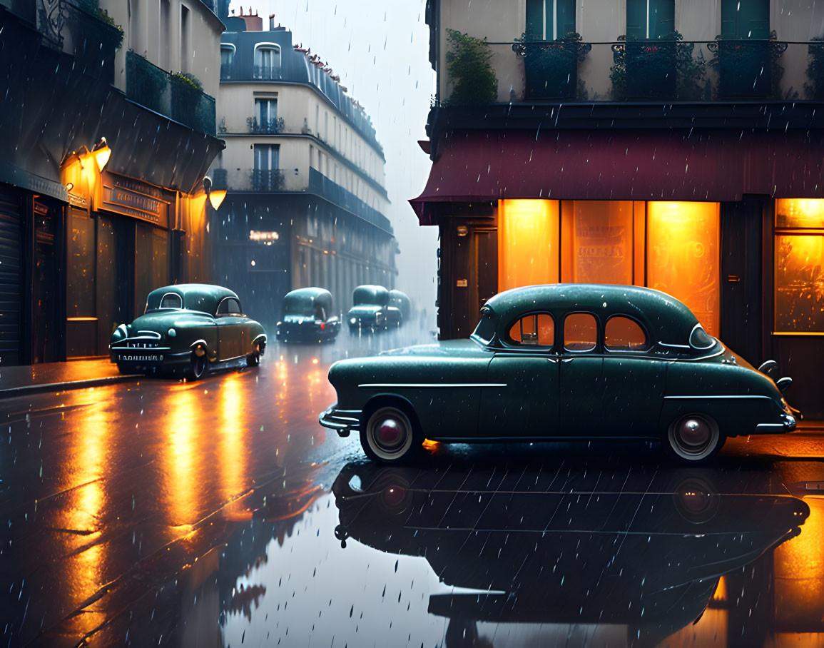 Vintage Cars on Rainy Cobblestone Street at Dusk