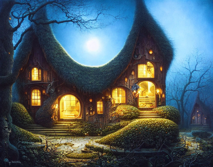 Thatched Cottage in Mystical Forest Under Moonlit Sky