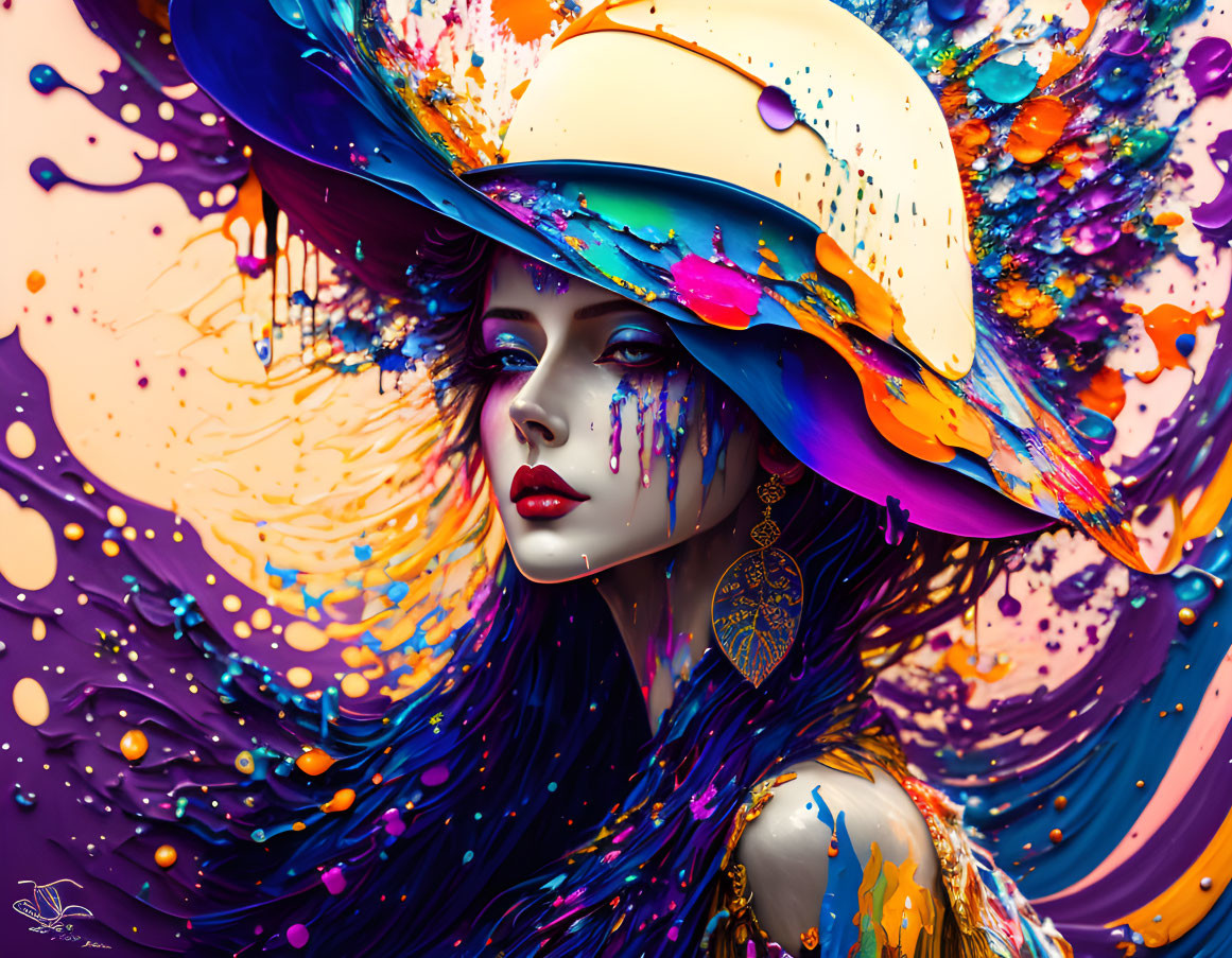 Colorful digital portrait of a woman with swirling paint splashes and wide-brimmed hat