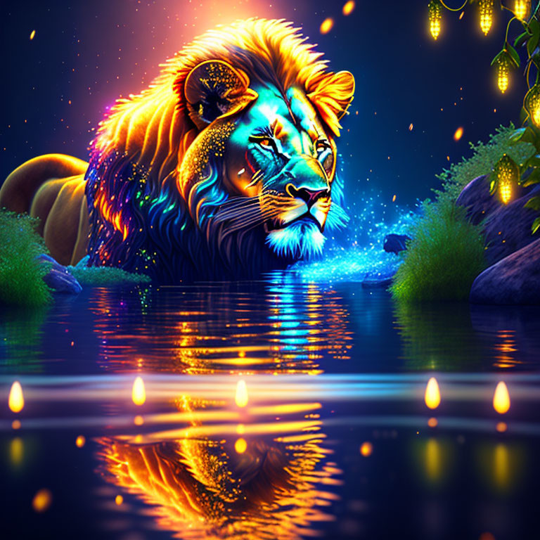 Neon-painted lion with starry night background and floating candles