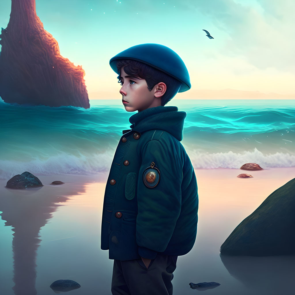 Young boy in vintage navy coat and beret on twilight beach gazes with reflection.