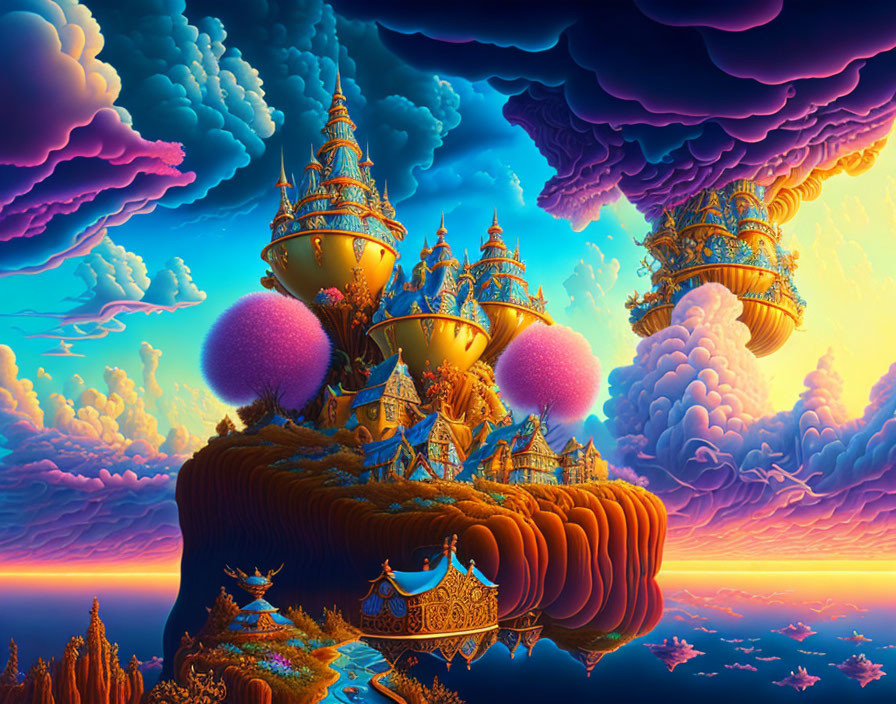 Vibrant sky with purple clouds over ornate floating islands